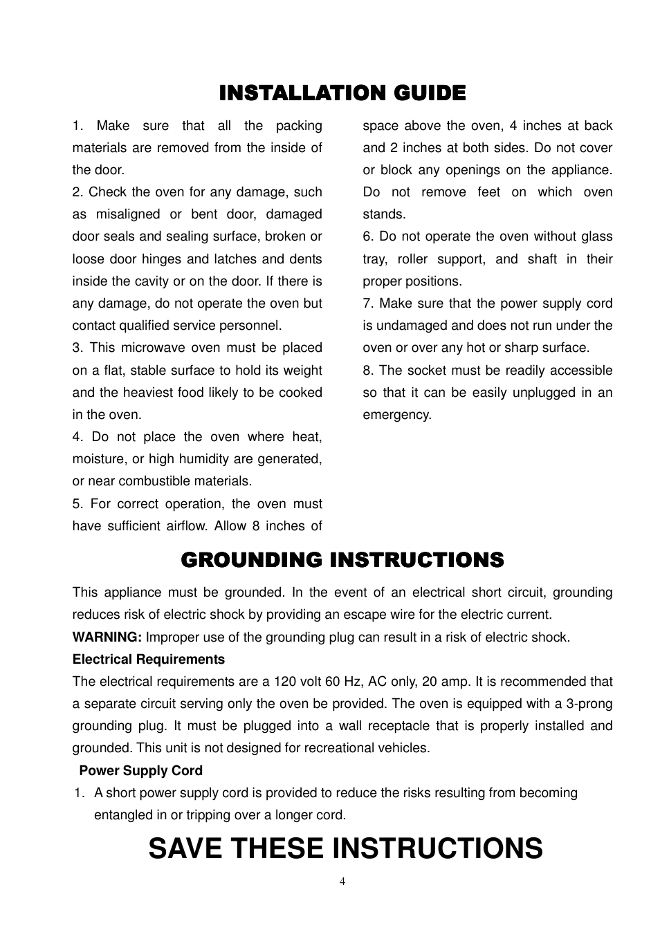 Save these instructions, Installation guide, Grounding instructions | Magic Chef MCC1010STG User Manual | Page 5 / 21