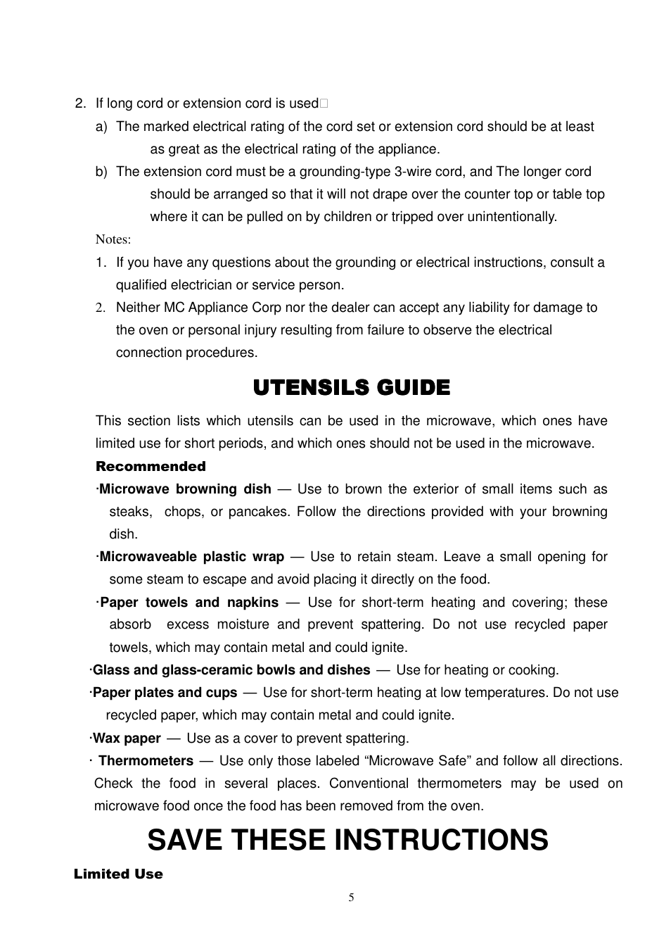 Save these instructions, Utensils guide | Magic Chef MCC1010STG User Manual | Page 6 / 21