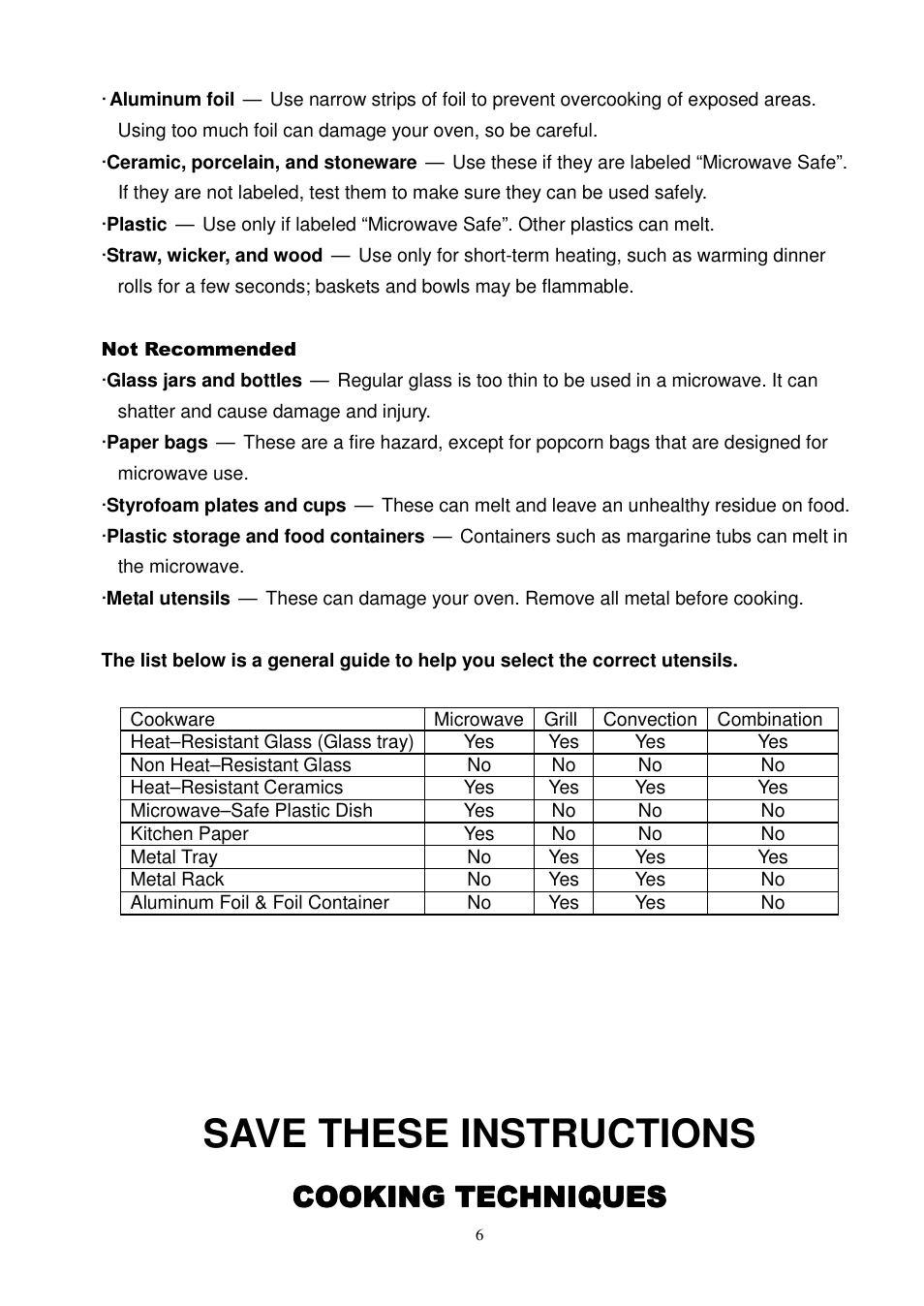 Save these instructions, Cooking techniques | Magic Chef MCC1010STG User Manual | Page 7 / 21