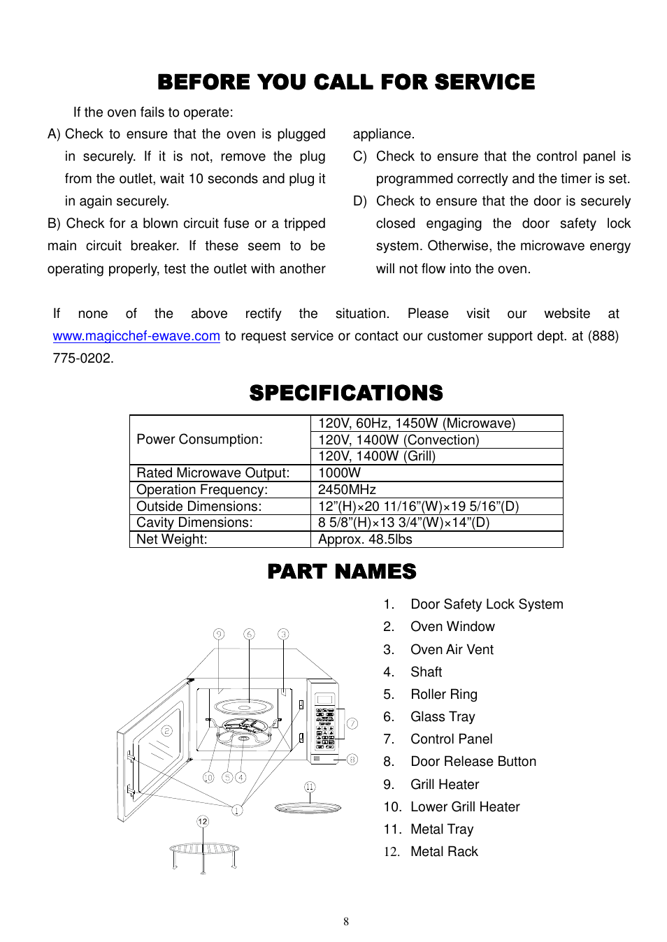 Before you call for service, Specifications, Part names | Magic Chef MCC1010STG User Manual | Page 9 / 21