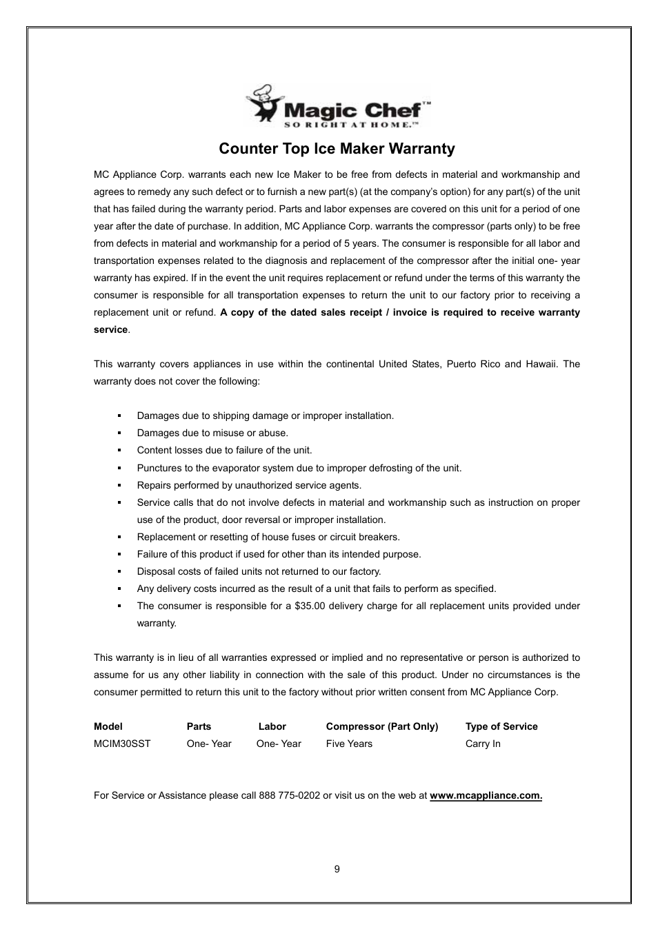 Counter top ice maker warranty | Magic Chef COUNTER TOP ICE MAKER MCIM30SST User Manual | Page 10 / 10