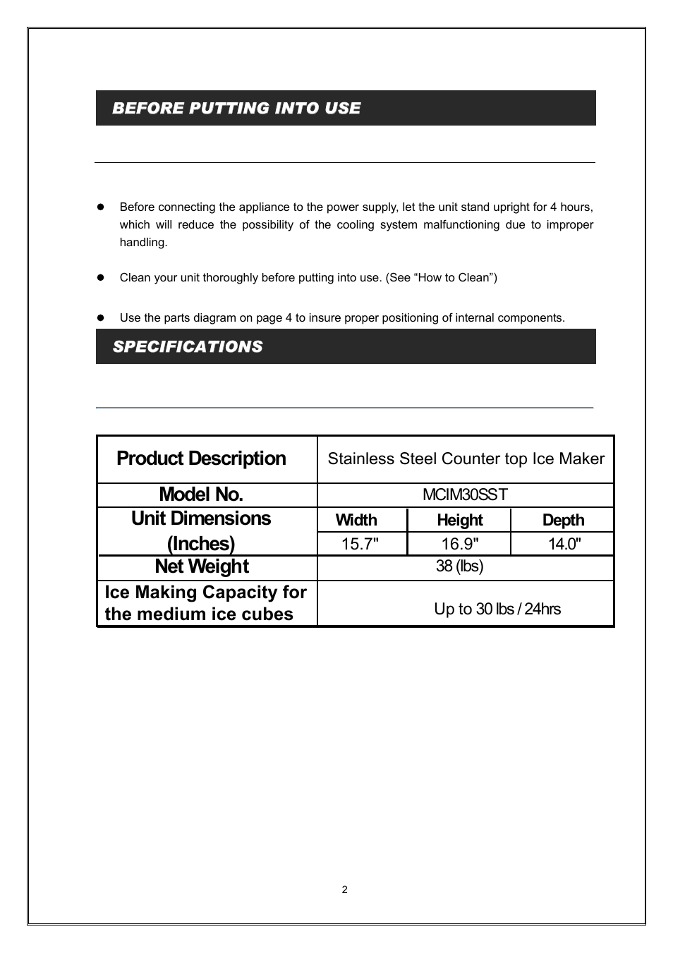 Magic Chef COUNTER TOP ICE MAKER MCIM30SST User Manual | Page 3 / 10