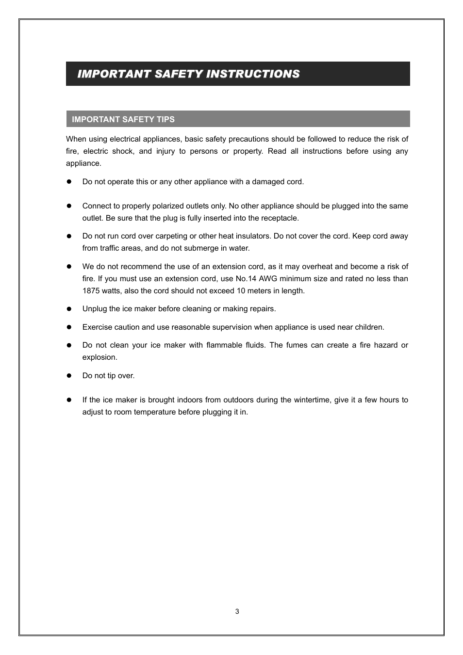 Table of contents important safety instructions | Magic Chef COUNTER TOP ICE MAKER MCIM30SST User Manual | Page 4 / 10