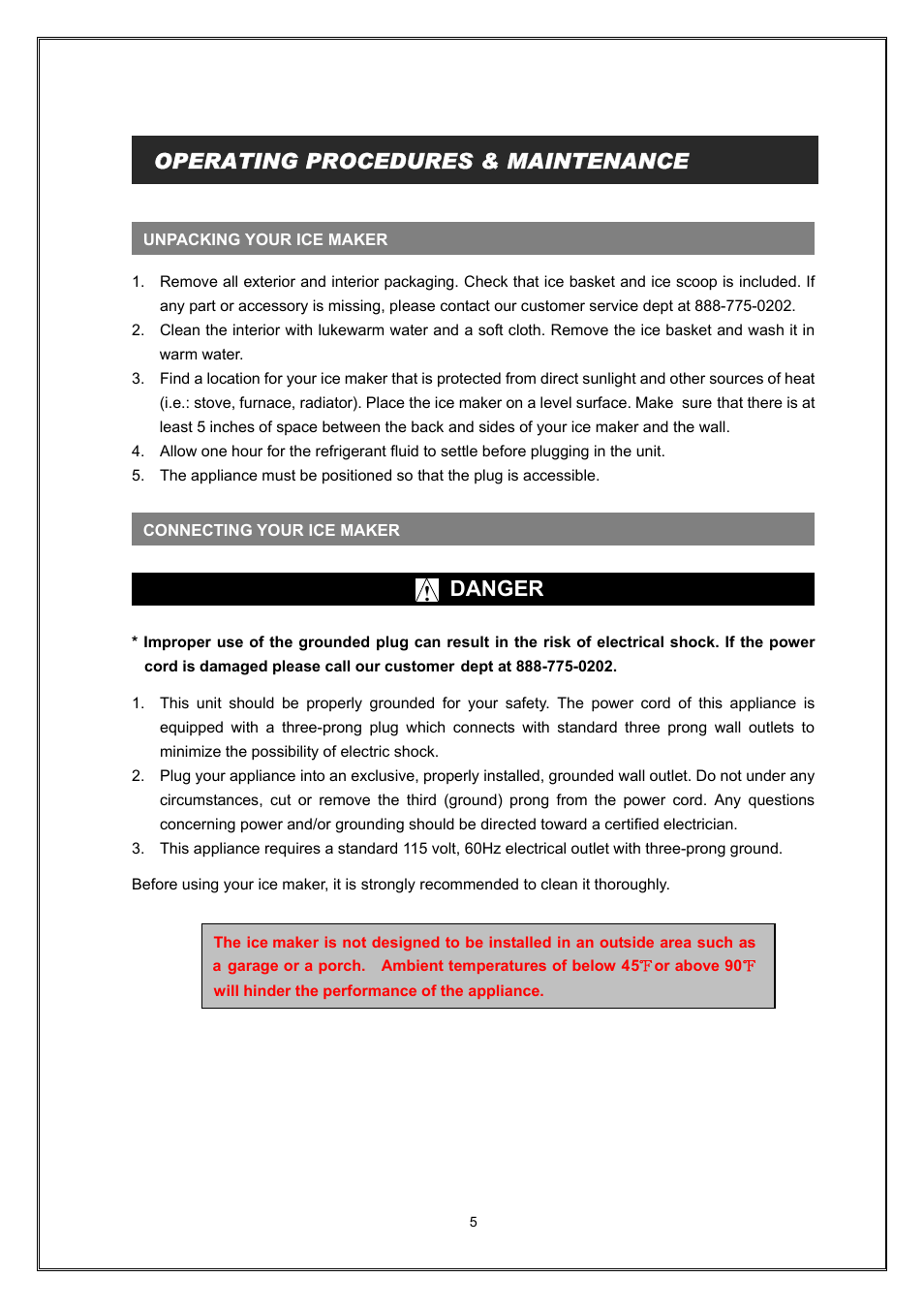 Danger, Operating procedures & maintenance | Magic Chef COUNTER TOP ICE MAKER MCIM30SST User Manual | Page 6 / 10
