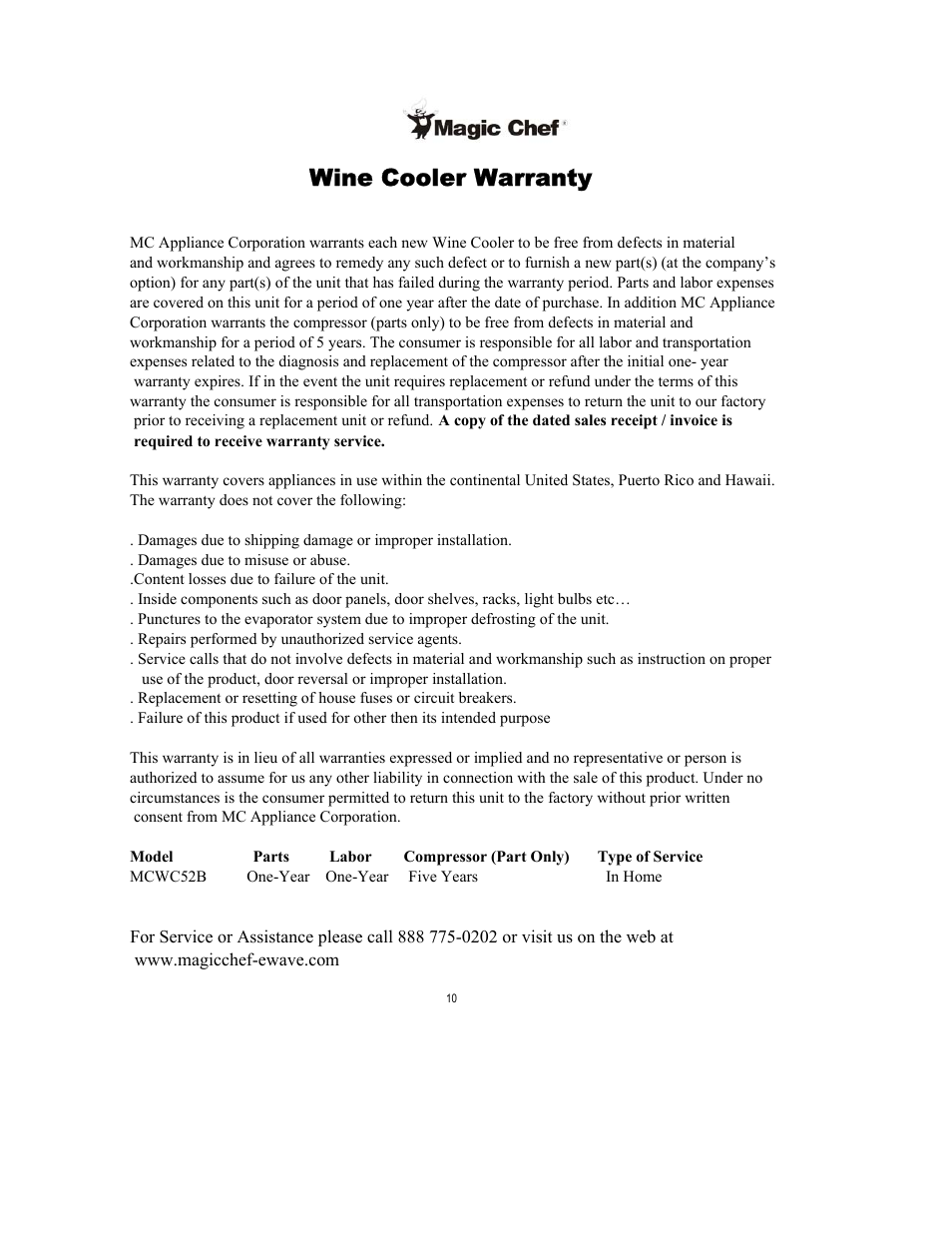 Wine cooler warranty | Magic Chef MCWC52B User Manual | Page 11 / 11