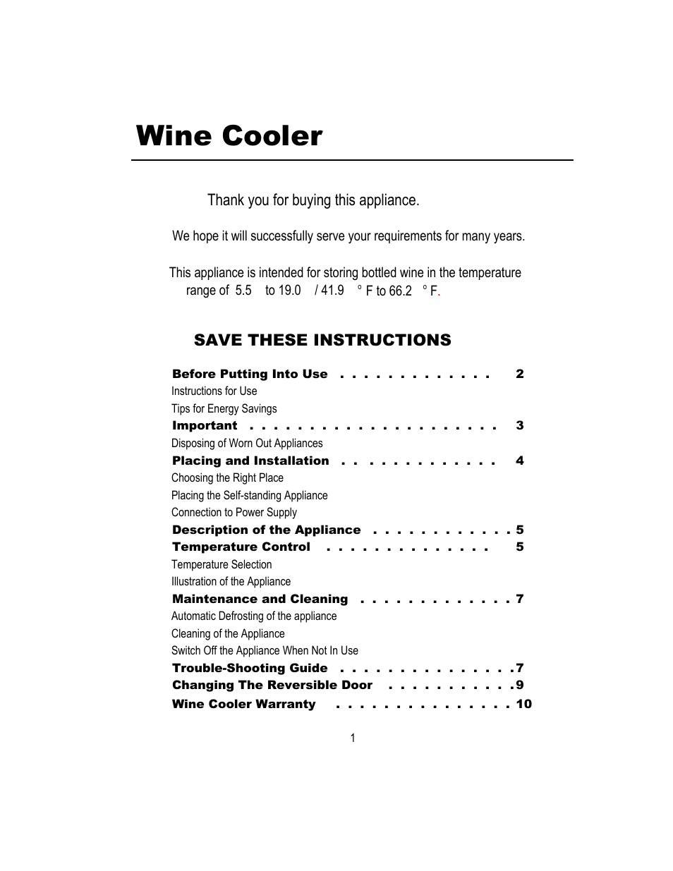 Wine cooler, Save these instructions | Magic Chef MCWC52B User Manual | Page 2 / 11