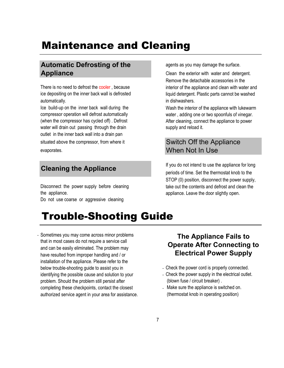 Maintenance and cleaning trouble-shooting guide, Switch off the appliance, When not in use | Cleaning the appliance, Automatic defrosting of the appliance | Magic Chef MCWC52B User Manual | Page 8 / 11