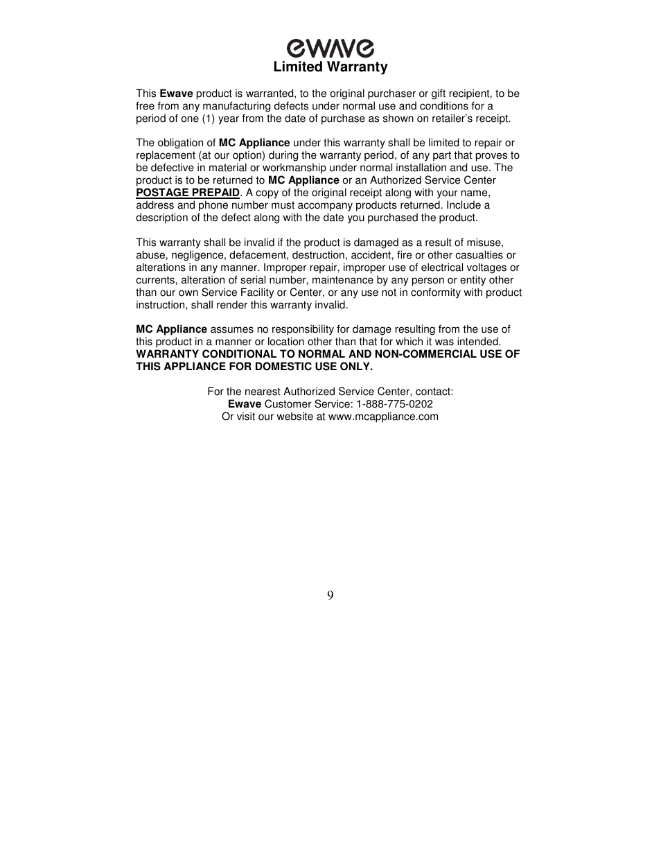 Magic Chef EWBL20SG User Manual | Page 9 / 9