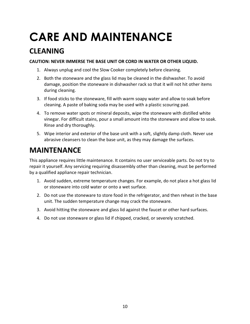 Care and maintenance, Cleaning, Maintenance | Magic Chef MCSSC5ST User Manual | Page 10 / 11