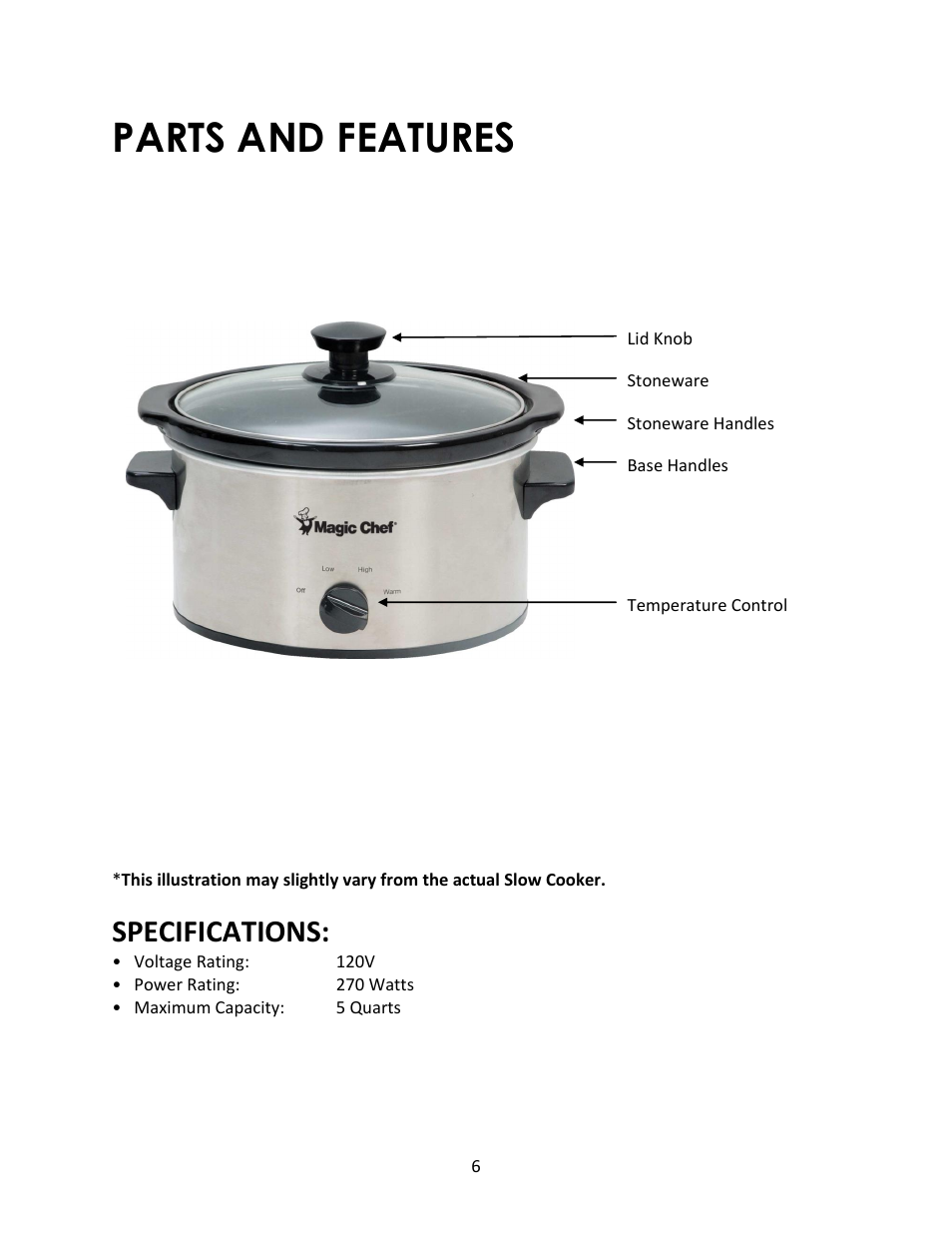 Parts and features, Specifications | Magic Chef MCSSC5ST User Manual | Page 6 / 11