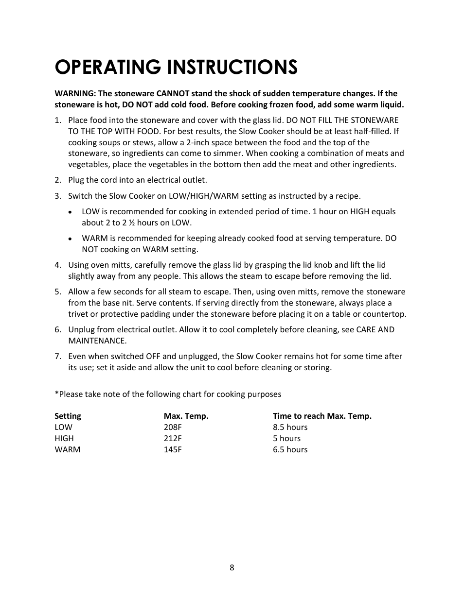 Operating instructions | Magic Chef MCSSC5ST User Manual | Page 8 / 11