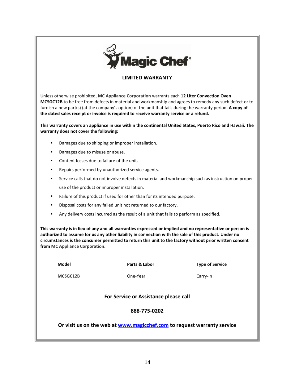 Magic Chef MCSGC12B User Manual | Page 14 / 14