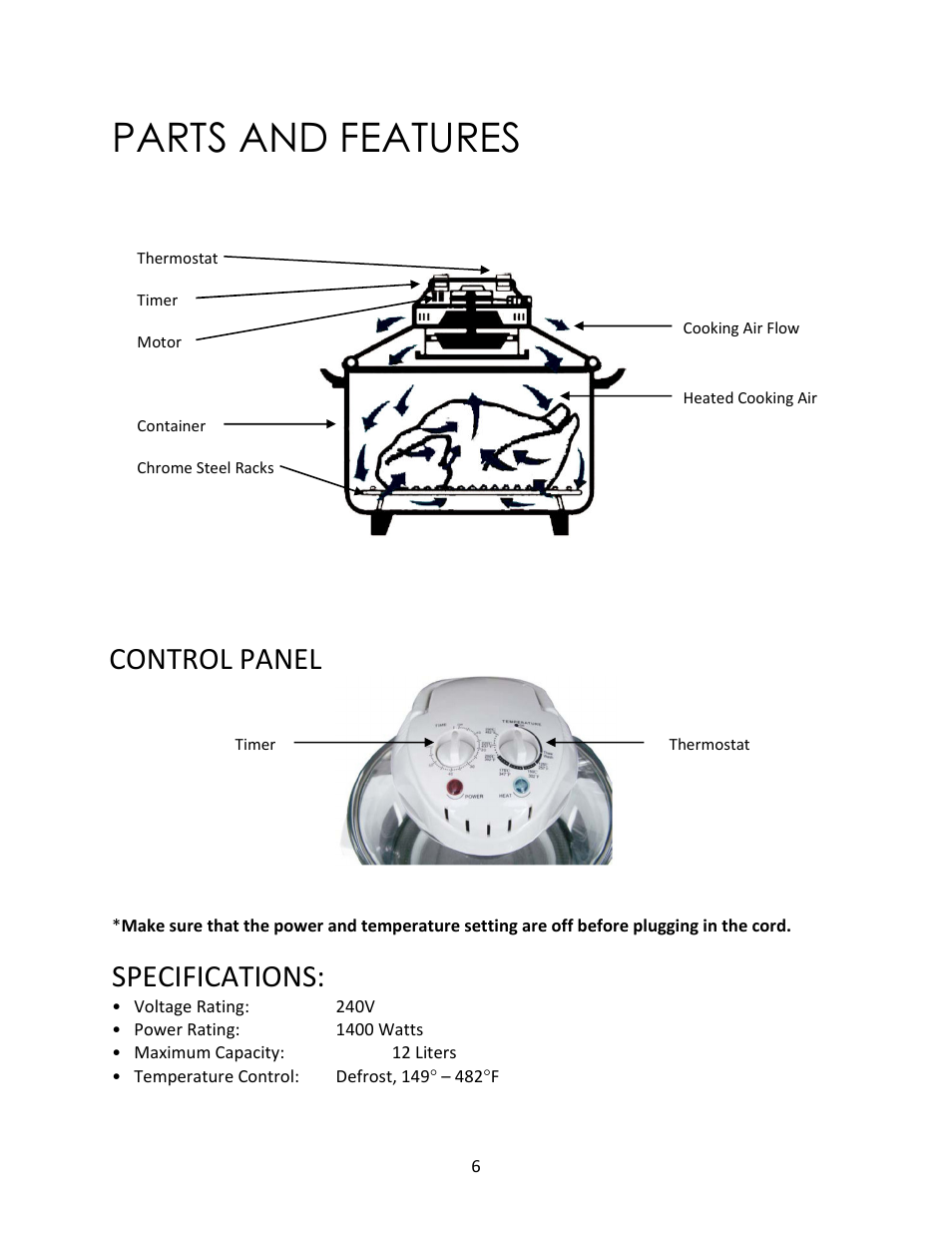 Parts and features, Specifications, Control panel | Magic Chef MCSGC12B User Manual | Page 6 / 14