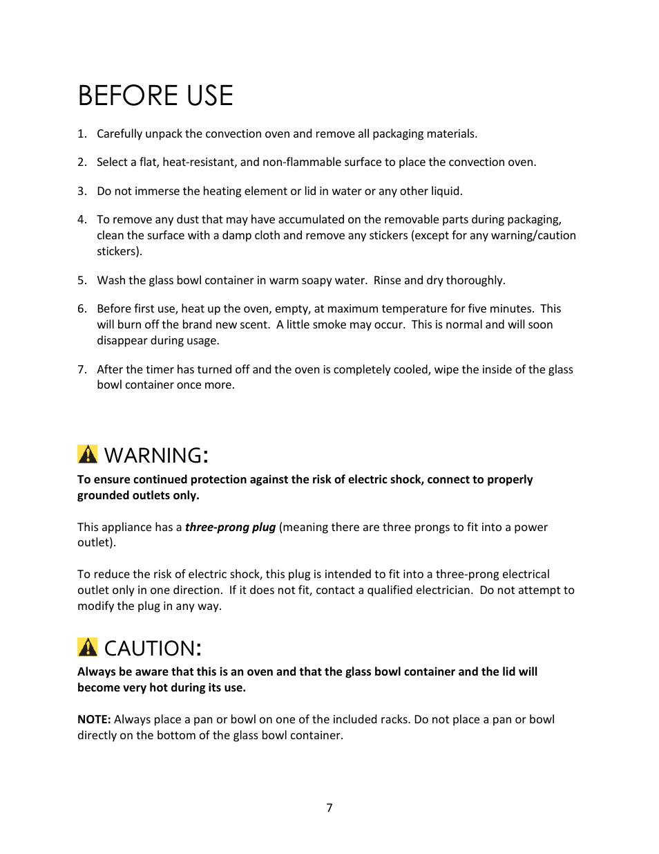 Before use, Warning, Caution | Magic Chef MCSGC12B User Manual | Page 7 / 14