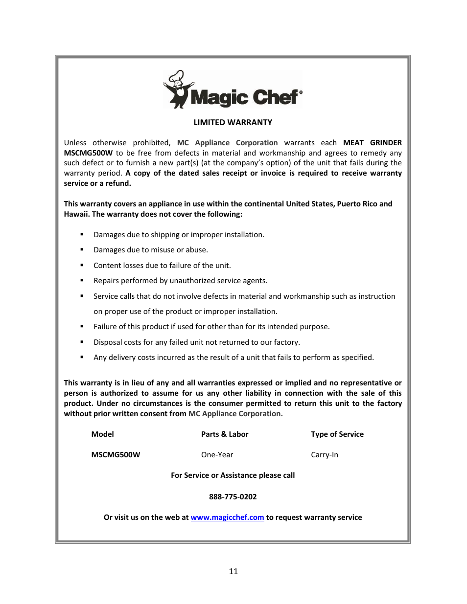 Magic Chef MCSMG500W User Manual | Page 11 / 11