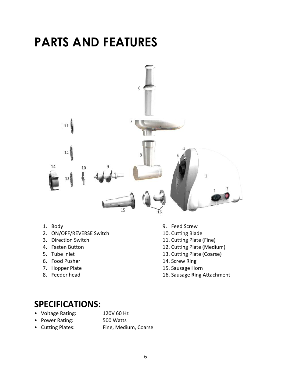 Parts and features, Specifications | Magic Chef MCSMG500W User Manual | Page 6 / 11