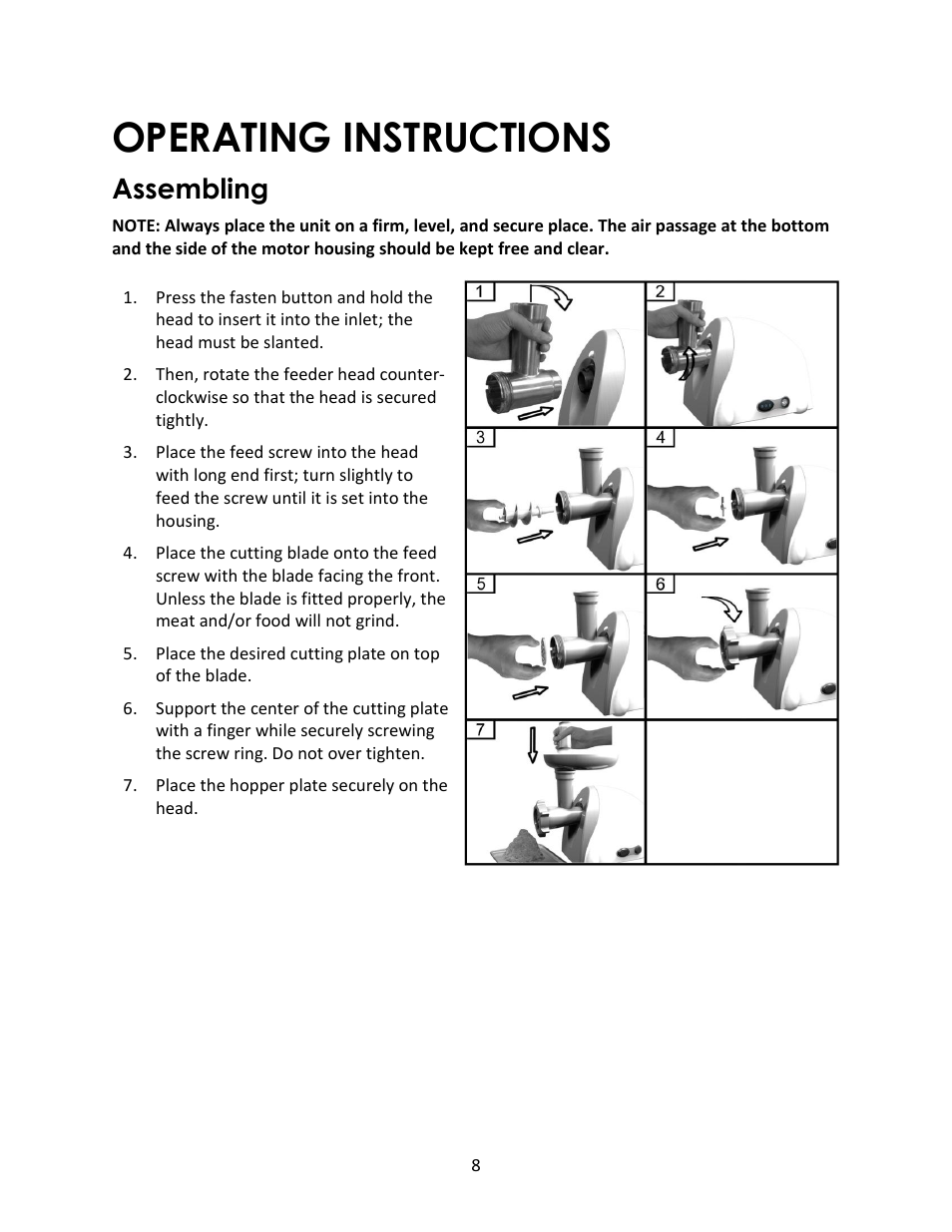 Operating instructions, Assembling | Magic Chef MCSMG500W User Manual | Page 8 / 11