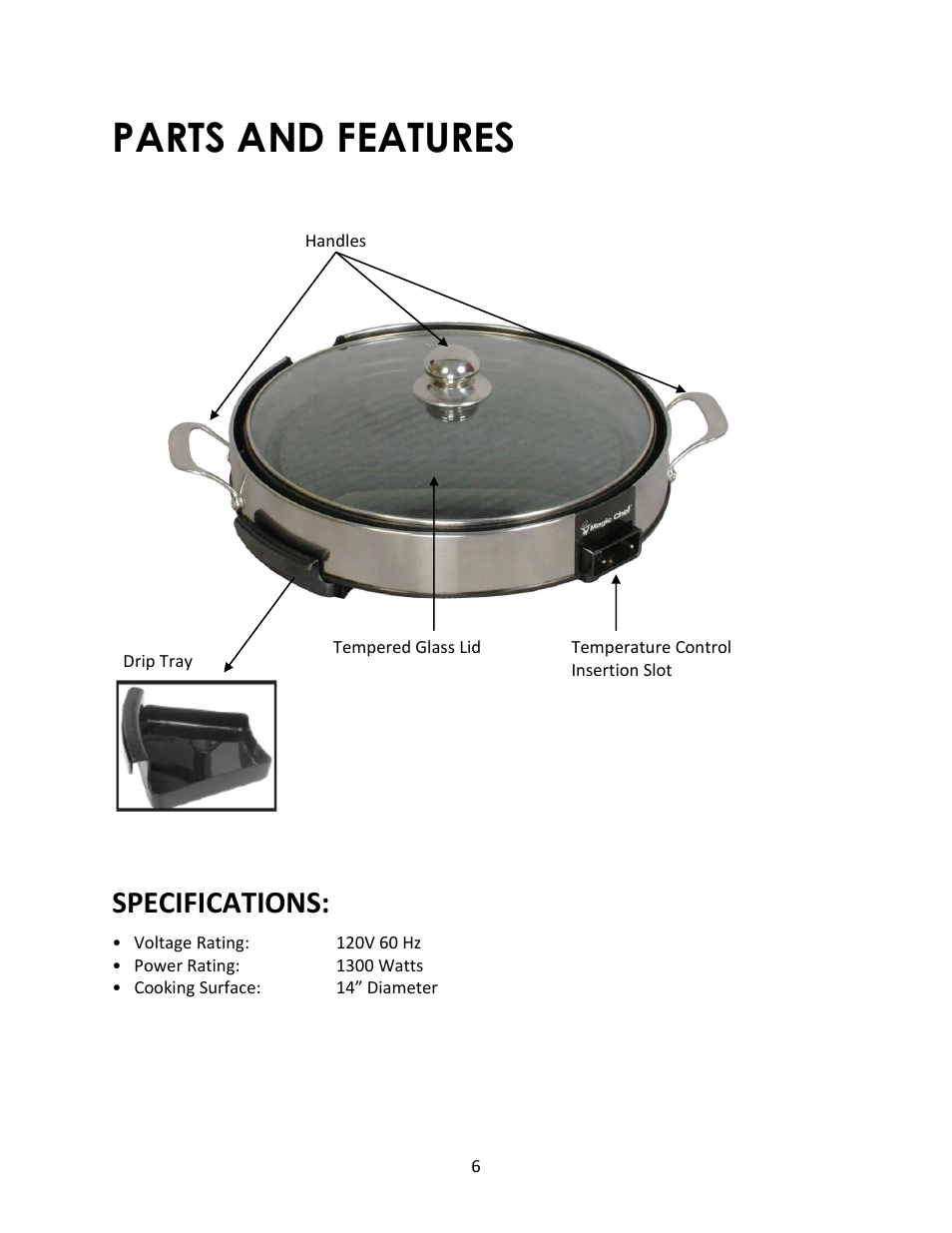 Parts and features, Specifications | Magic Chef MCSGL14ST User Manual | Page 6 / 10