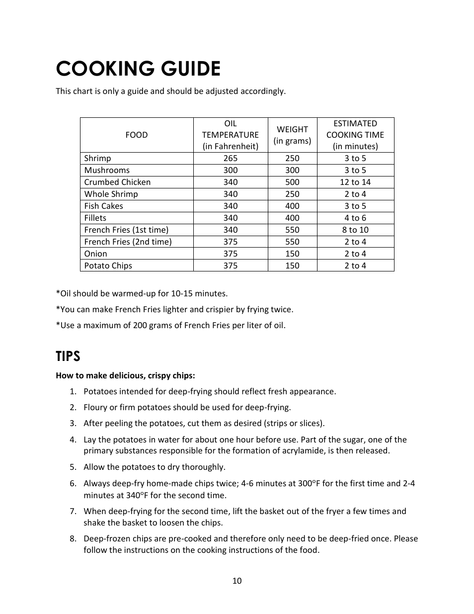 Cooking guide, Tips | Magic Chef MCSDF12W User Manual | Page 10 / 13