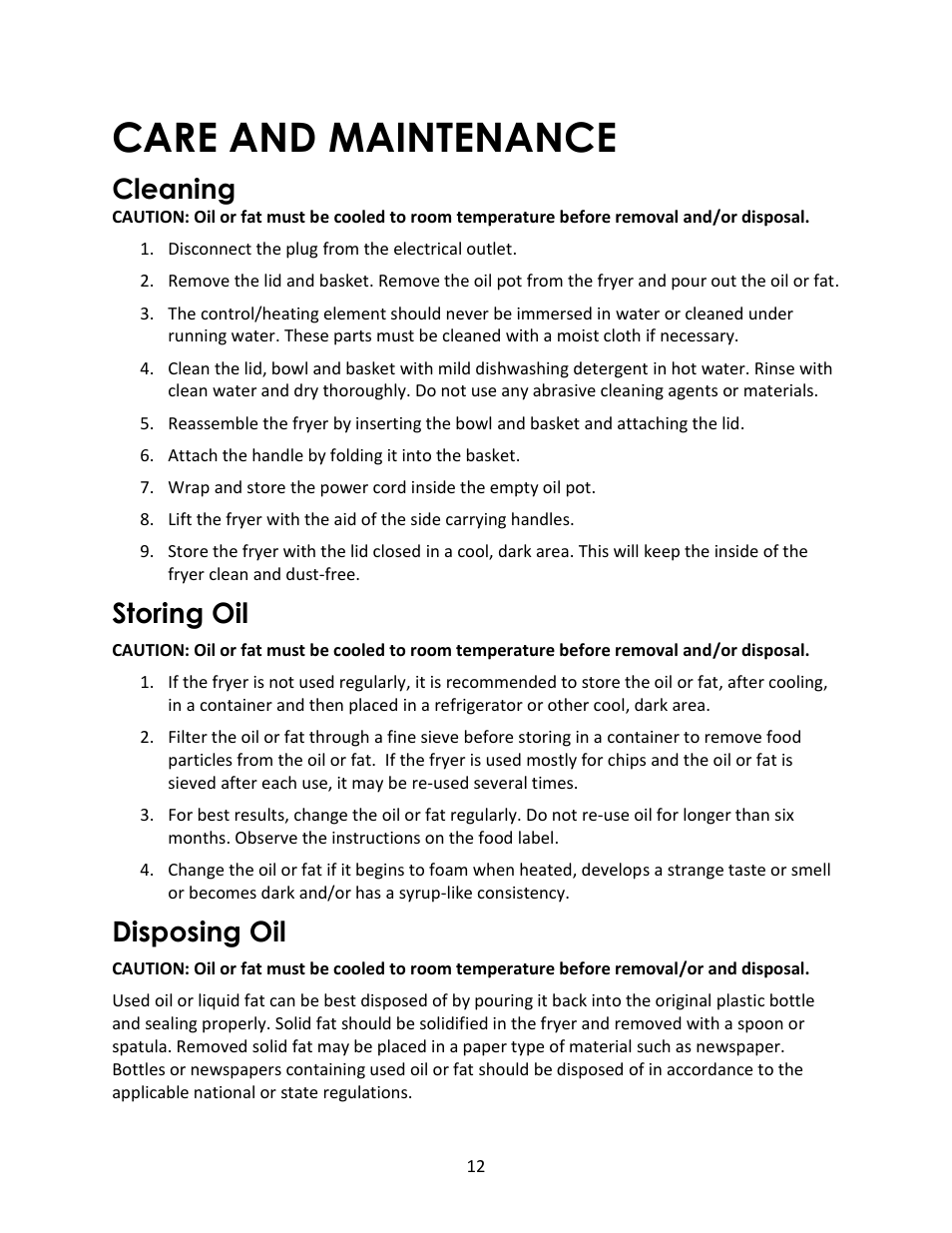 Care and maintenance, Cleaning, Storing oil | Disposing oil | Magic Chef MCSDF12W User Manual | Page 12 / 13