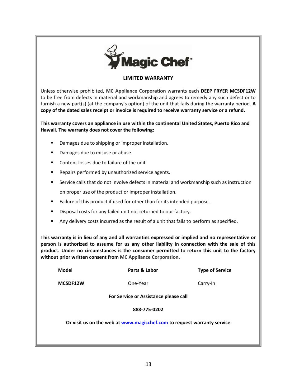 Magic Chef MCSDF12W User Manual | Page 13 / 13