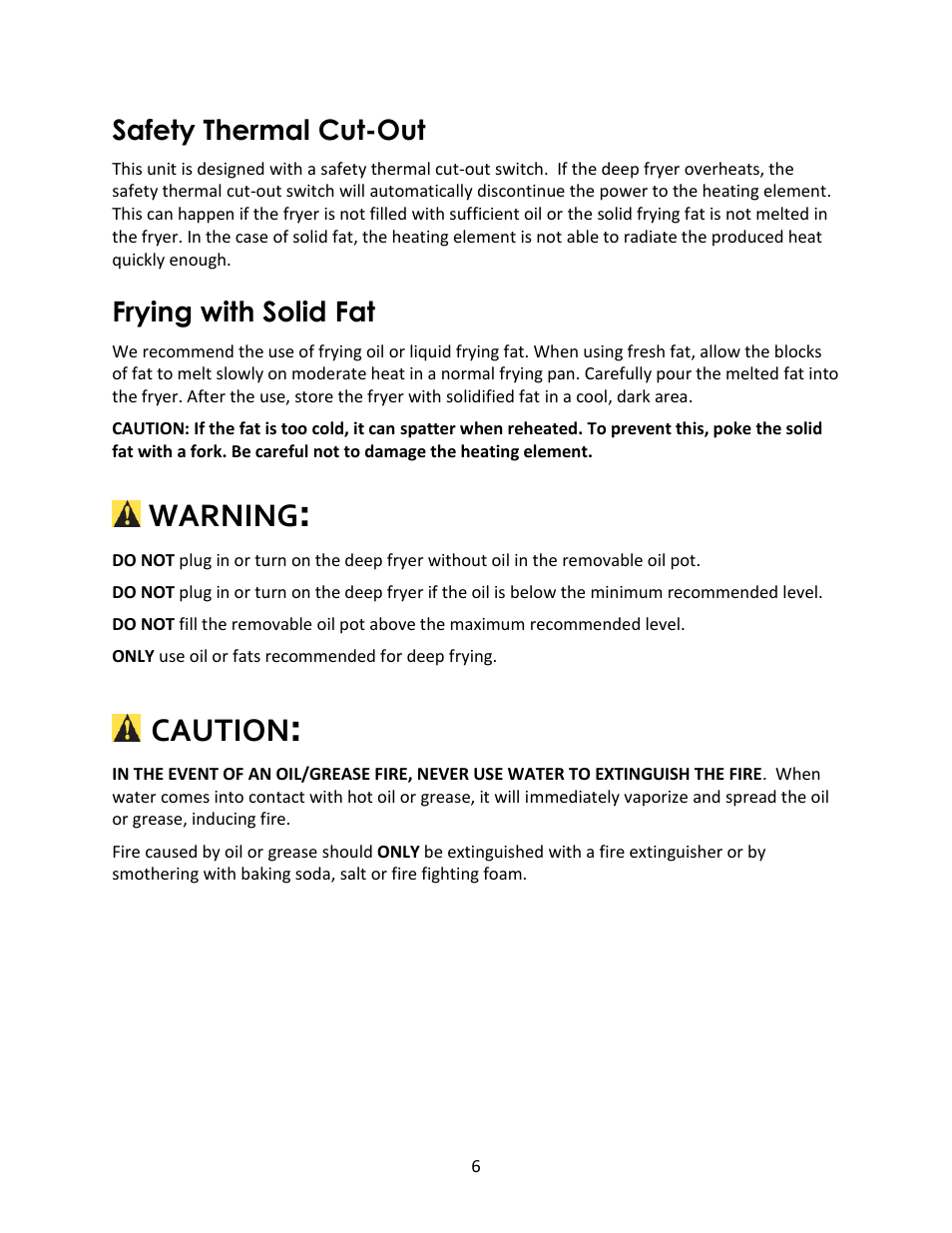 Warning, Caution, Safety thermal cut-out | Frying with solid fat | Magic Chef MCSDF12W User Manual | Page 6 / 13