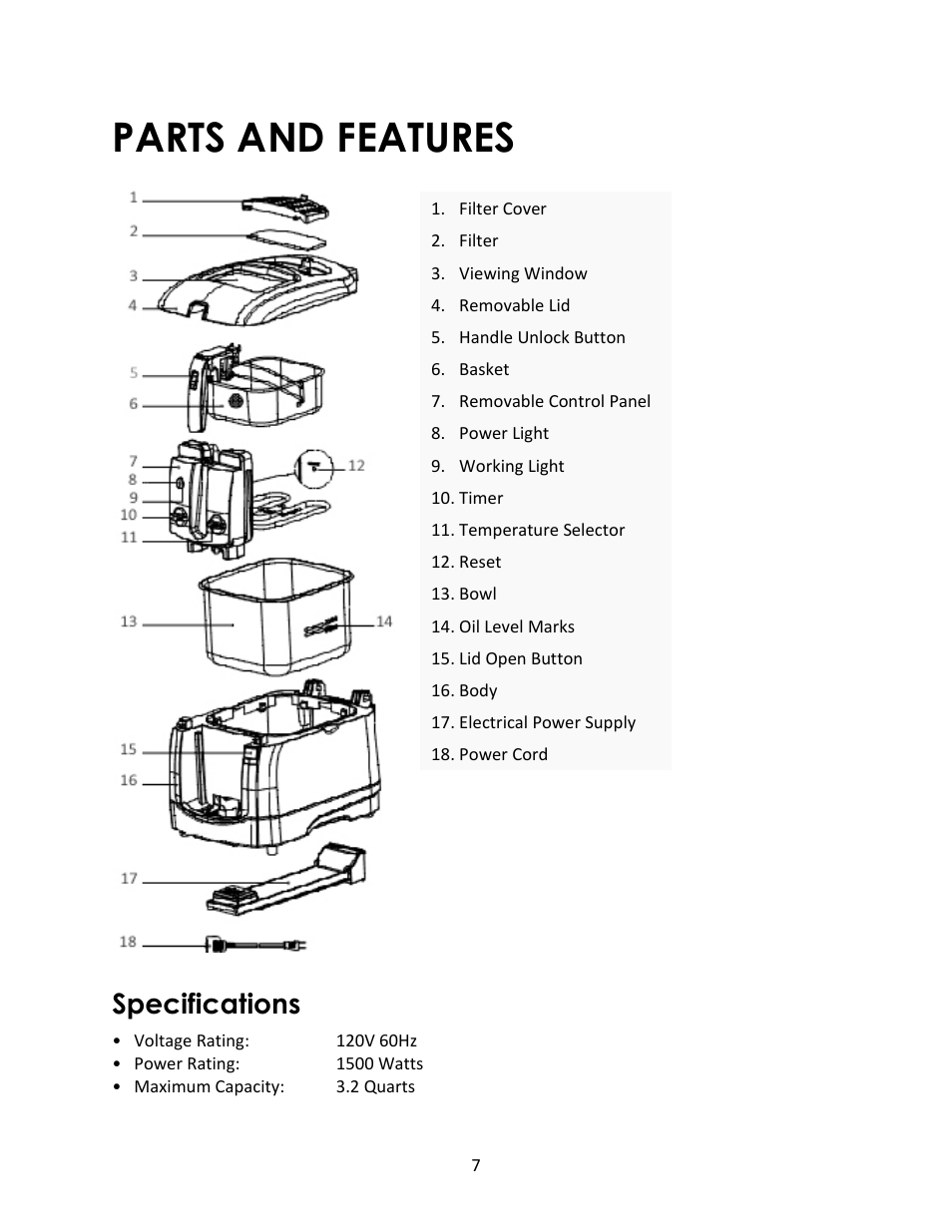 Parts and features, Specifications | Magic Chef MCSDF12W User Manual | Page 7 / 13