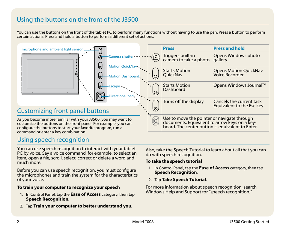 Using the buttons on the front of the j3500, Customizing front panel buttons, Using speech recognition | Motion Computing T008 User Manual | Page 2 / 8