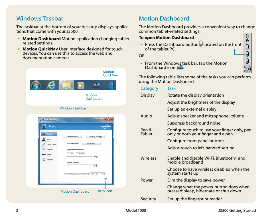 Motion dashboard, Windows taskbar | Motion Computing T008 User Manual | Page 3 / 8