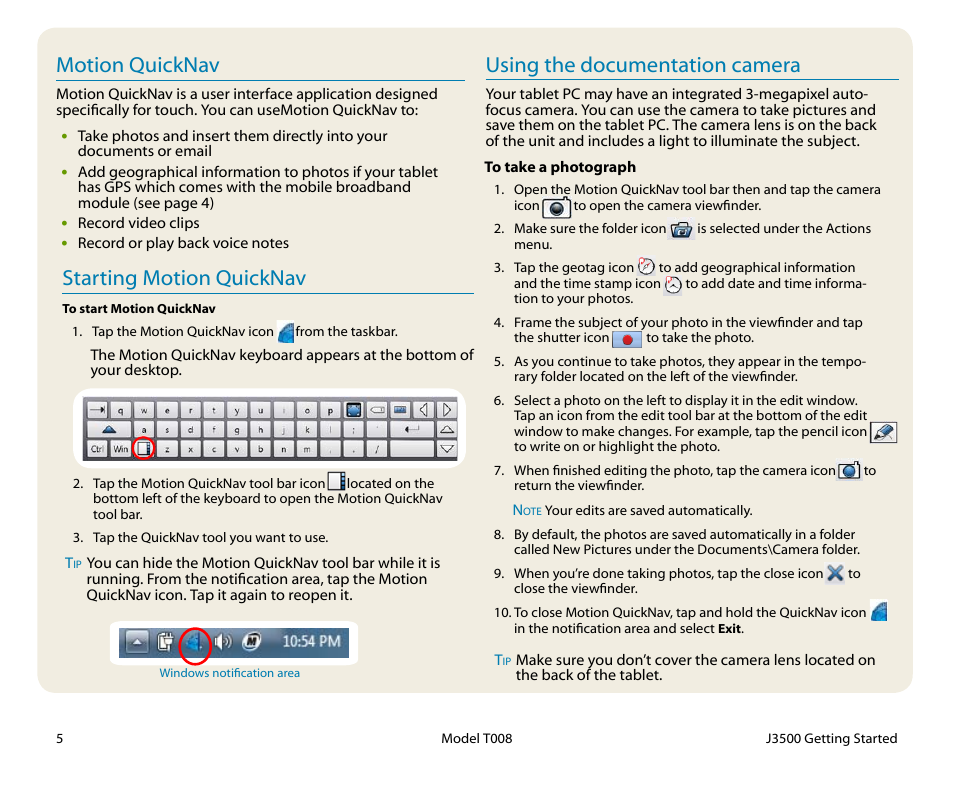 Motion quicknav, Using the documentation camera, Starting motion quicknav | Motion Computing T008 User Manual | Page 5 / 8