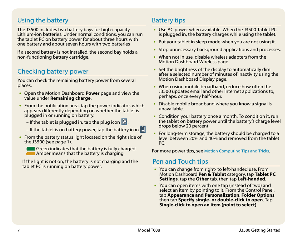 Battery tips, Using the battery, Checking battery power | Pen and touch tips | Motion Computing T008 User Manual | Page 7 / 8