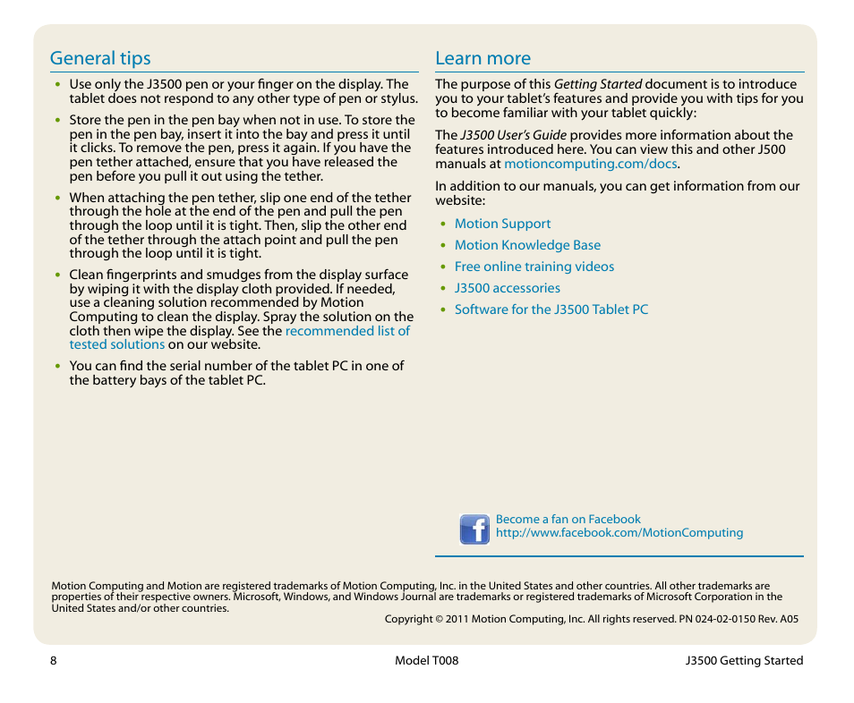 Learn more, General tips | Motion Computing T008 User Manual | Page 8 / 8