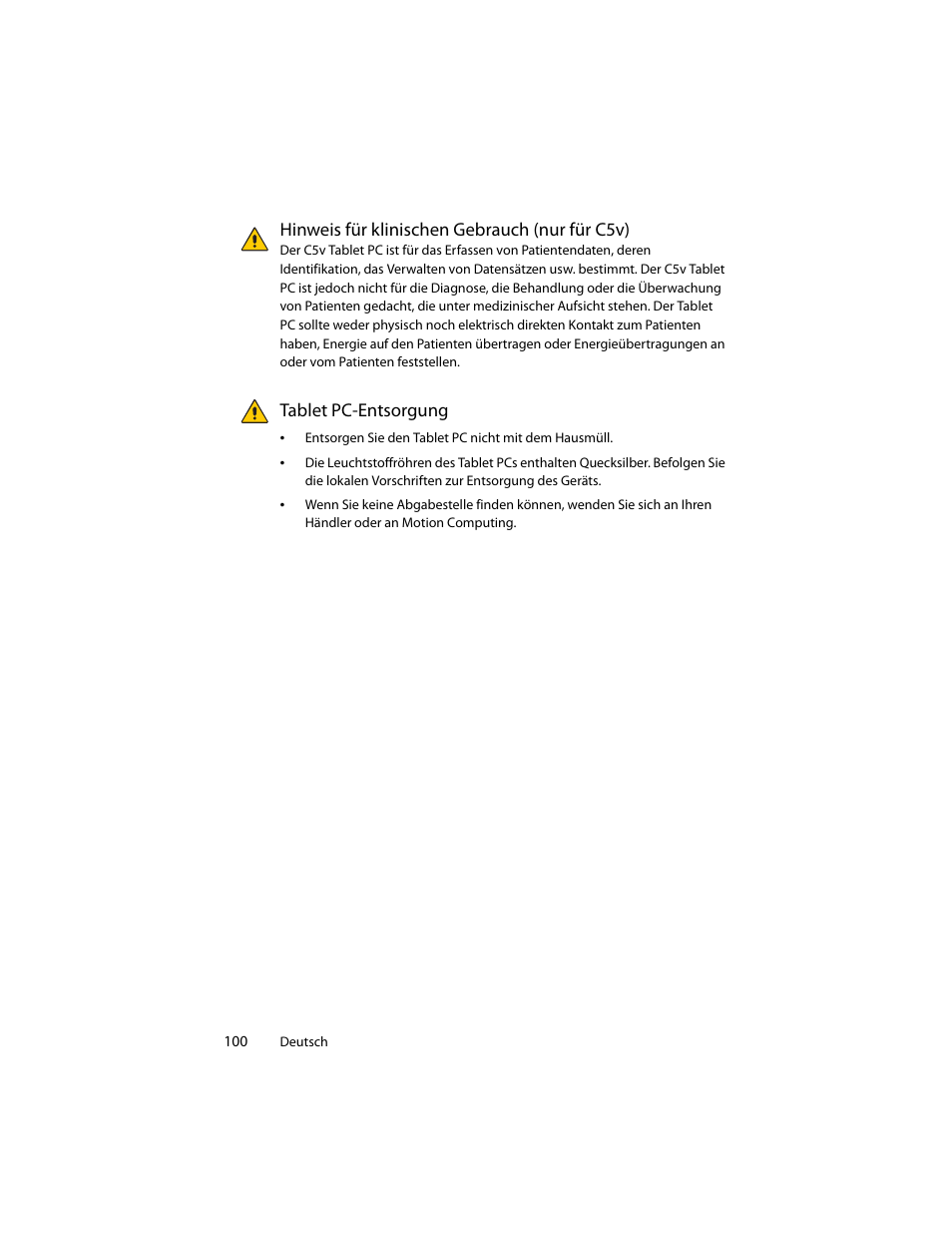 Hinweis für klinischen gebrauch (nur für c5v), Tablet pc-entsorgung | Motion Computing J3400 MDC001 User Manual | Page 100 / 183