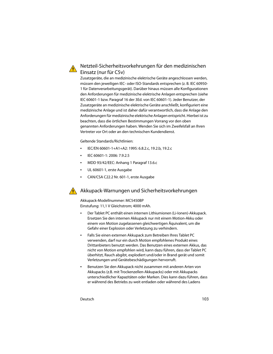 Akkupack-warnungen und sicherheitsvorkehrungen, Nur für c5v) | Motion Computing J3400 MDC001 User Manual | Page 103 / 183