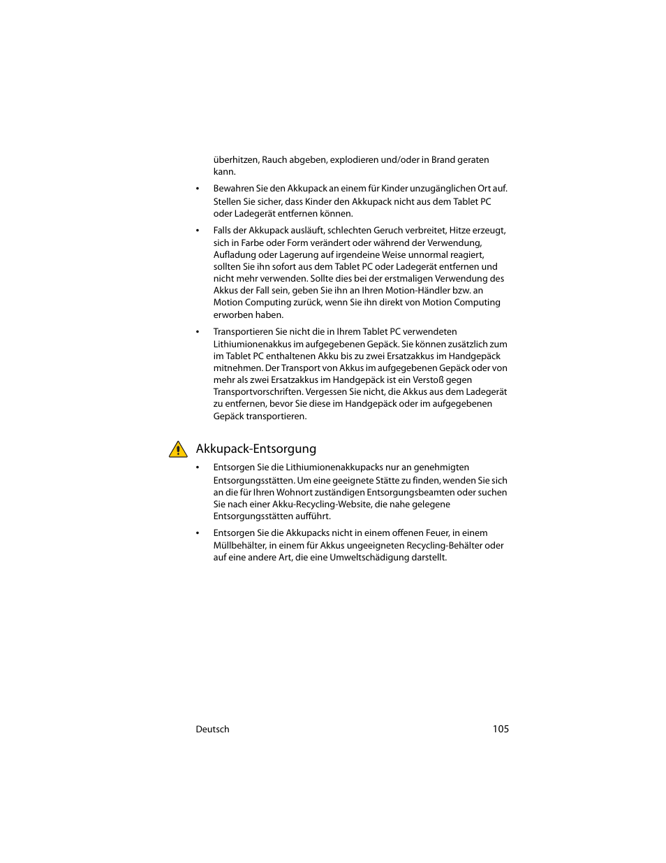 Akkupack-entsorgung | Motion Computing J3400 MDC001 User Manual | Page 105 / 183