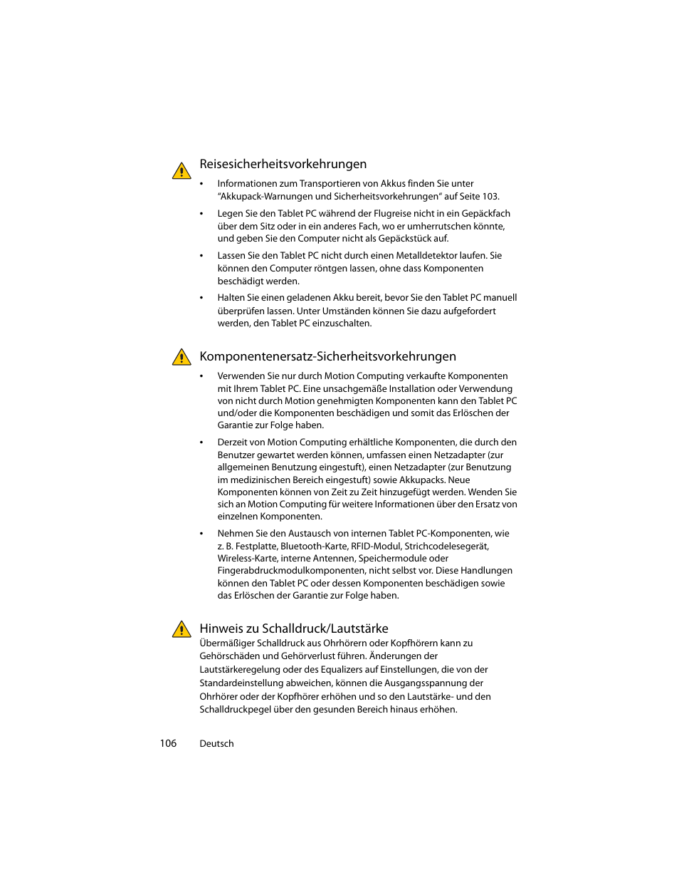 Reisesicherheitsvorkehrungen, Komponentenersatz-sicherheitsvorkehrungen, Hinweis zu schalldruck/lautstärke | Motion Computing J3400 MDC001 User Manual | Page 106 / 183