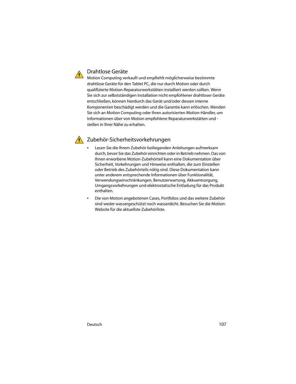 Drahtlose geräte, Zubehör-sicherheitsvorkehrungen, Drahtlose geräte zubehör-sicherheitsvorkehrungen | Motion Computing J3400 MDC001 User Manual | Page 107 / 183