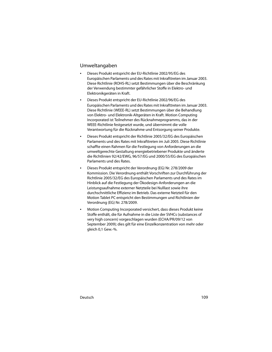 Umweltangaben | Motion Computing J3400 MDC001 User Manual | Page 109 / 183