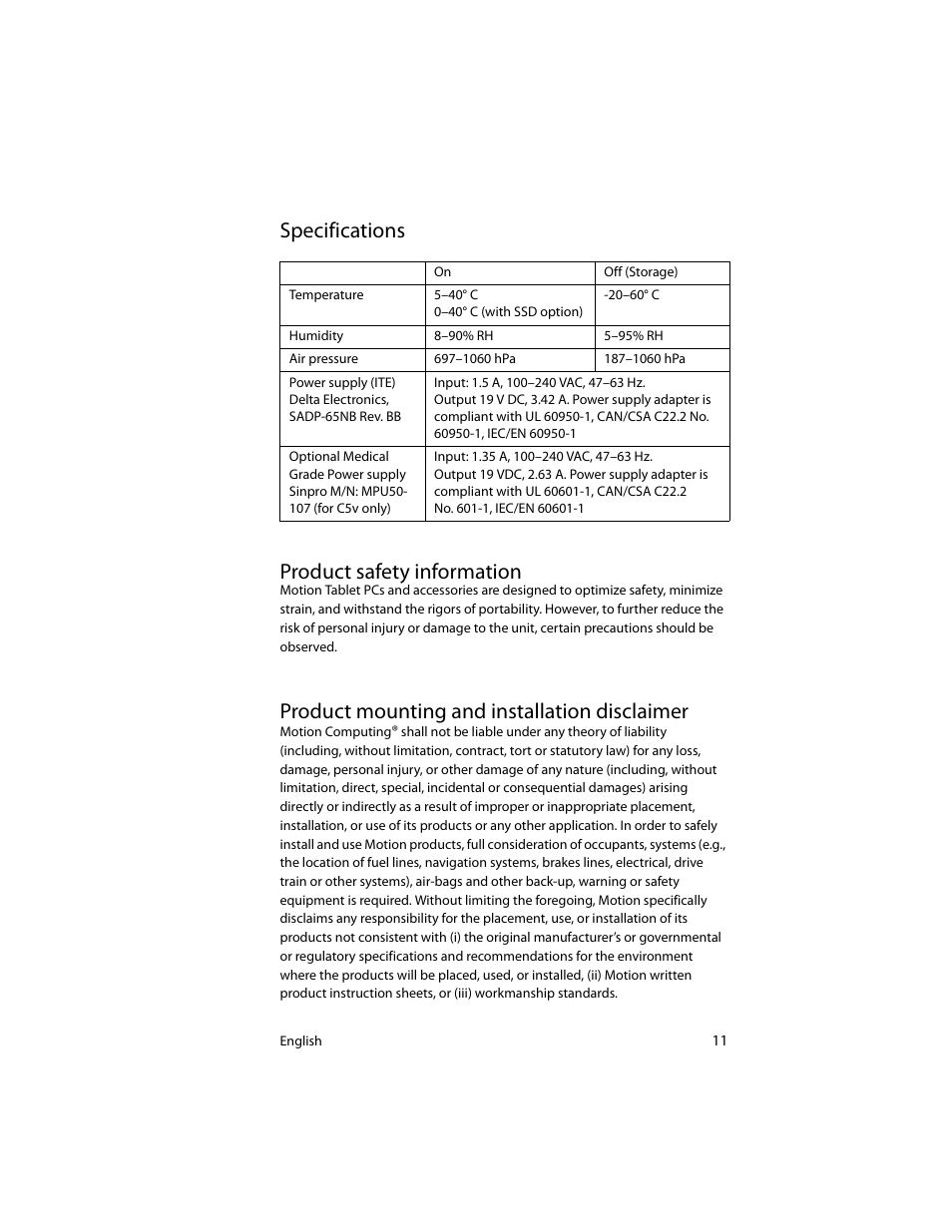 Specifications, Product safety information, Product mounting and installation disclaimer | Specifications product safety information | Motion Computing J3400 MDC001 User Manual | Page 11 / 183