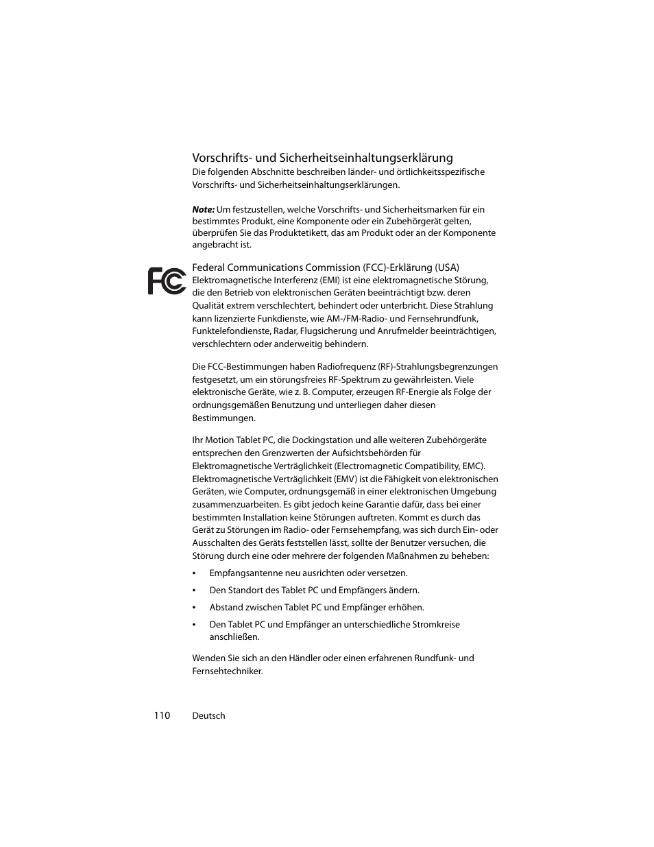Vorschrifts- und sicherheitseinhaltungserklärung | Motion Computing J3400 MDC001 User Manual | Page 110 / 183