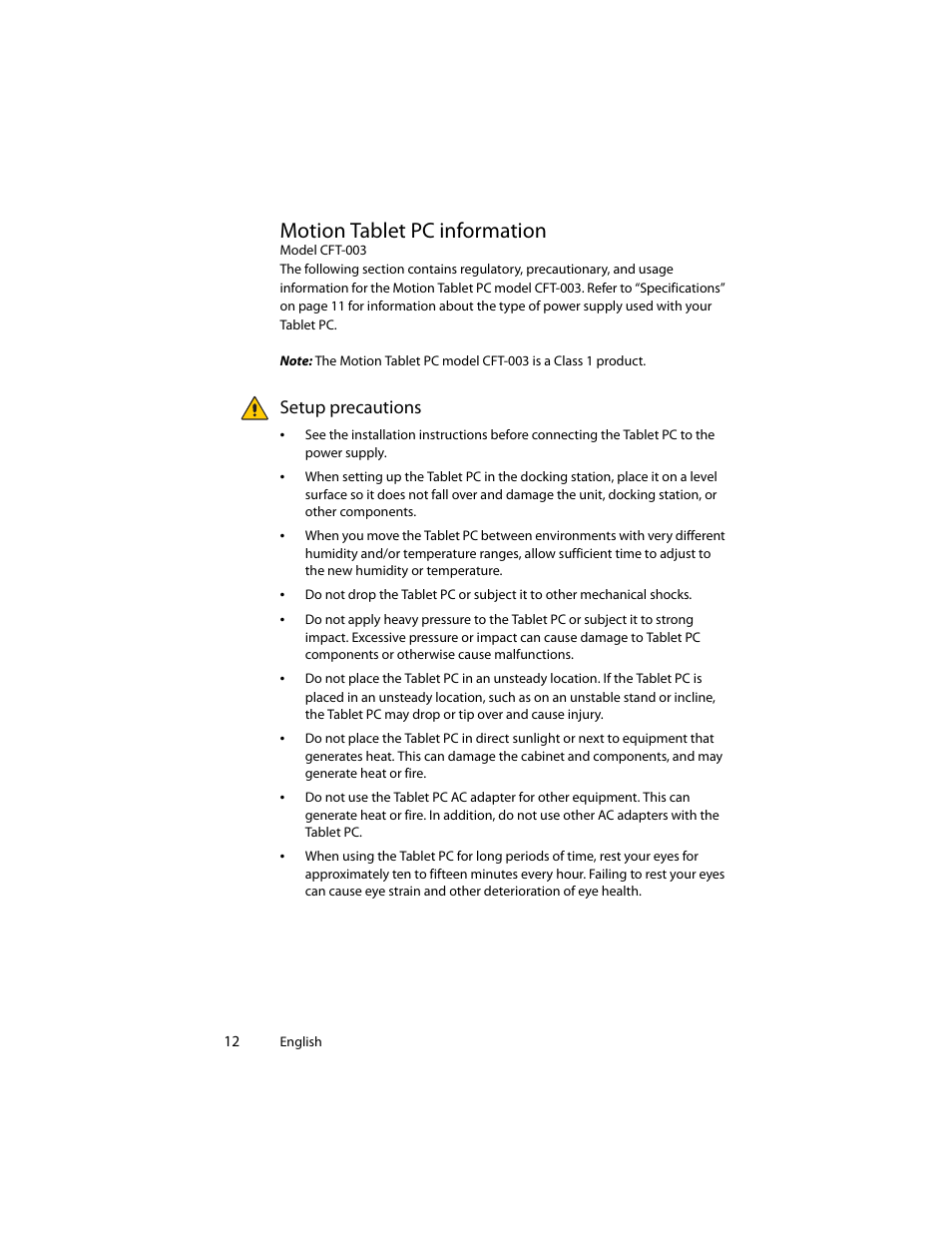 Motion tablet pc information, Setup precautions | Motion Computing J3400 MDC001 User Manual | Page 12 / 183
