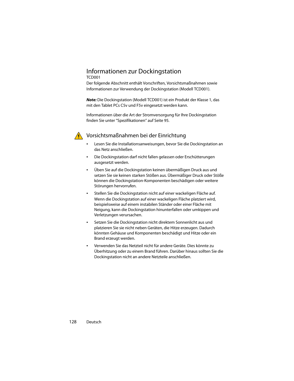 Informationen zur dockingstation, Vorsichtsmaßnahmen bei der einrichtung | Motion Computing J3400 MDC001 User Manual | Page 128 / 183