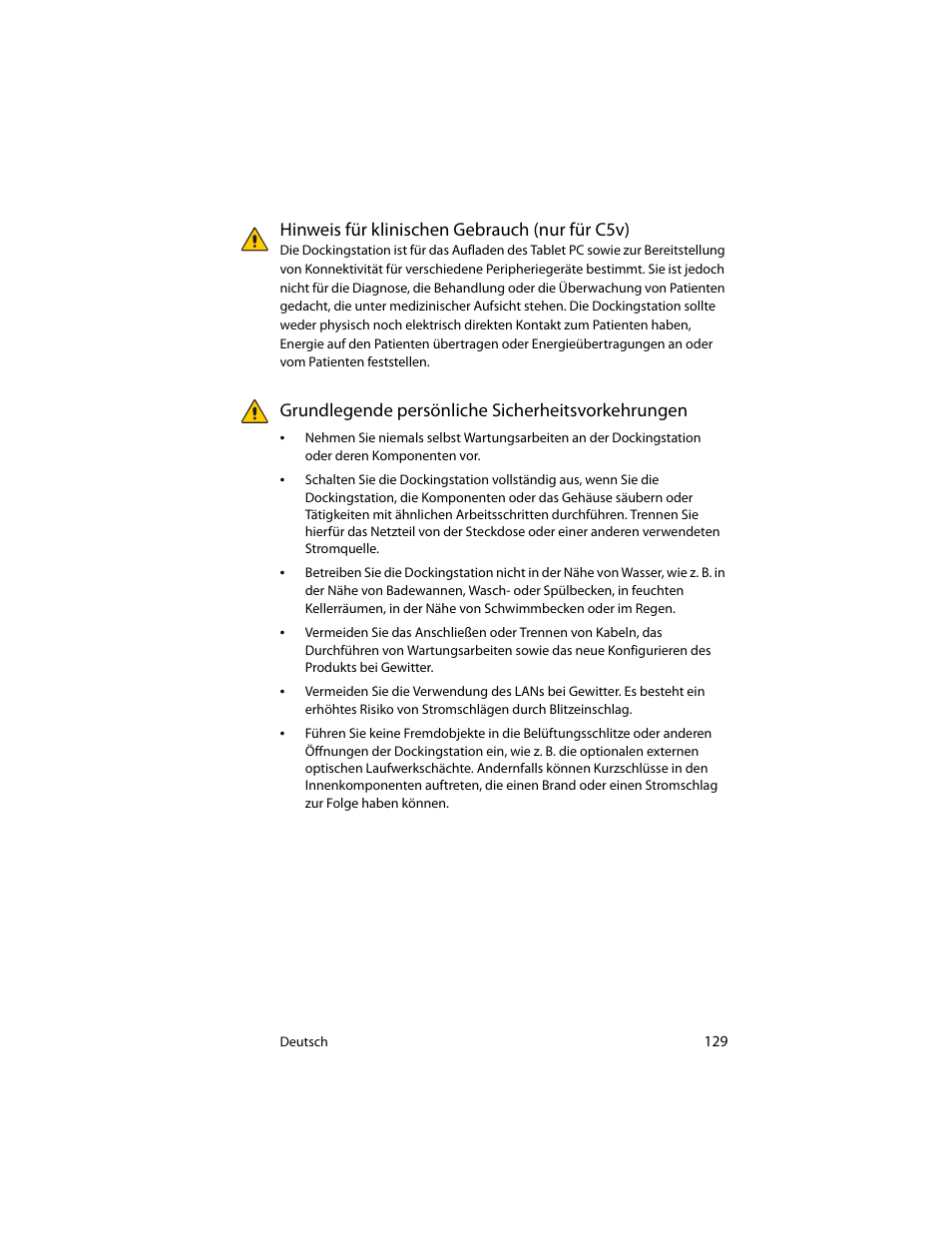 Hinweis für klinischen gebrauch (nur für c5v), Grundlegende persönliche sicherheitsvorkehrungen | Motion Computing J3400 MDC001 User Manual | Page 129 / 183