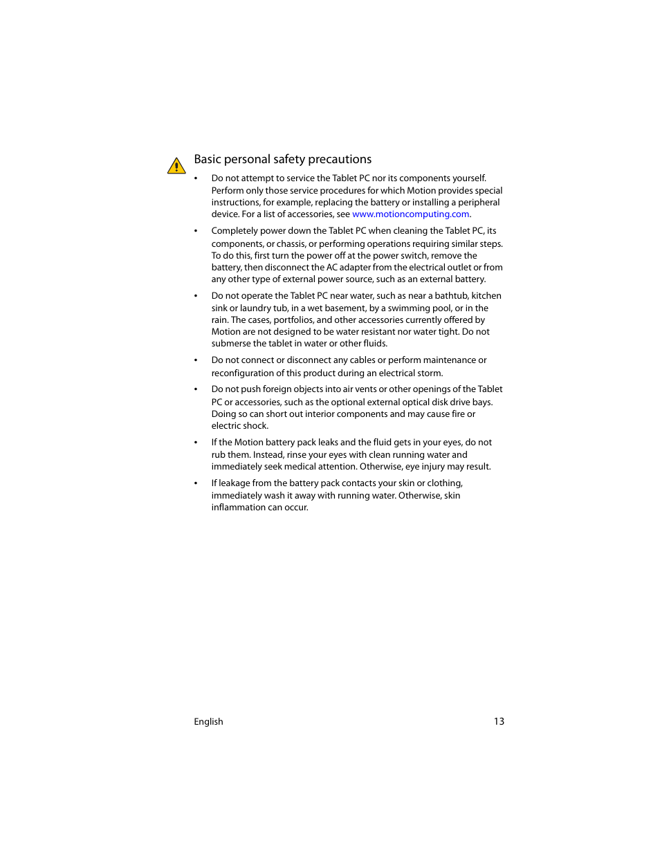 Basic personal safety precautions | Motion Computing J3400 MDC001 User Manual | Page 13 / 183