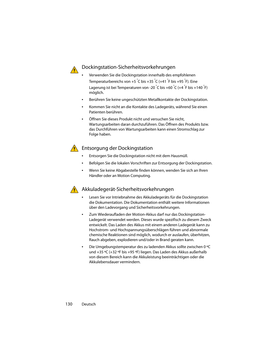 Dockingstation-sicherheitsvorkehrungen, Entsorgung der dockingstation, Akkuladegerät-sicherheitsvorkehrungen | Motion Computing J3400 MDC001 User Manual | Page 130 / 183