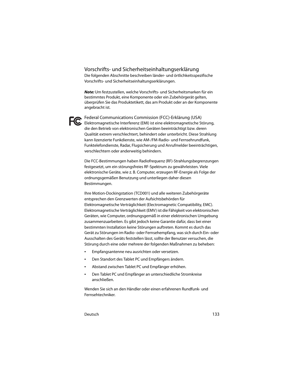 Vorschrifts- und sicherheitseinhaltungserklärung | Motion Computing J3400 MDC001 User Manual | Page 133 / 183