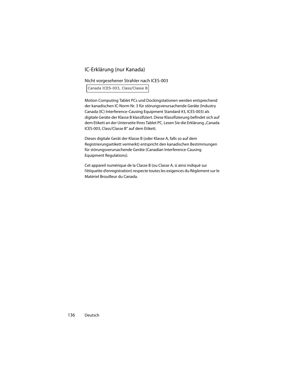 Ic-erklärung (nur kanada) | Motion Computing J3400 MDC001 User Manual | Page 136 / 183