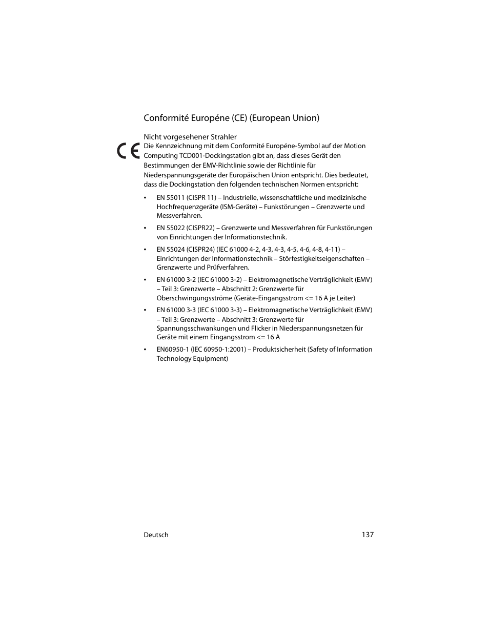 Conformité européne (ce) (european union) | Motion Computing J3400 MDC001 User Manual | Page 137 / 183
