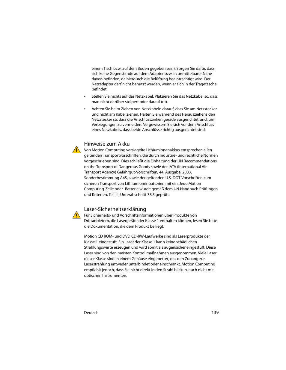 Hinweise zum akku, Laser-sicherheitserklärung, Hinweise zum akku laser-sicherheitserklärung | Motion Computing J3400 MDC001 User Manual | Page 139 / 183