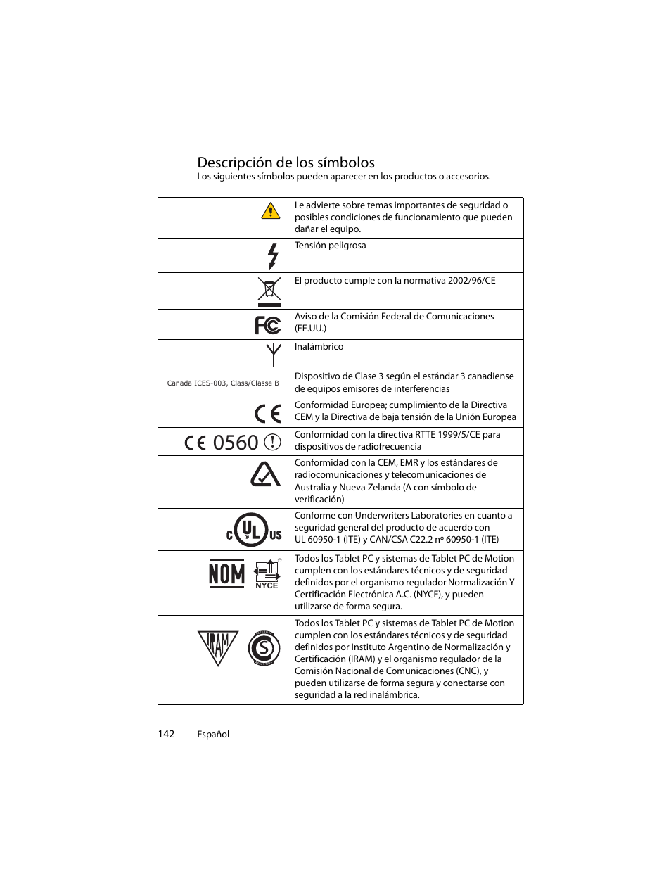 Descripción de los símbolos | Motion Computing J3400 MDC001 User Manual | Page 142 / 183